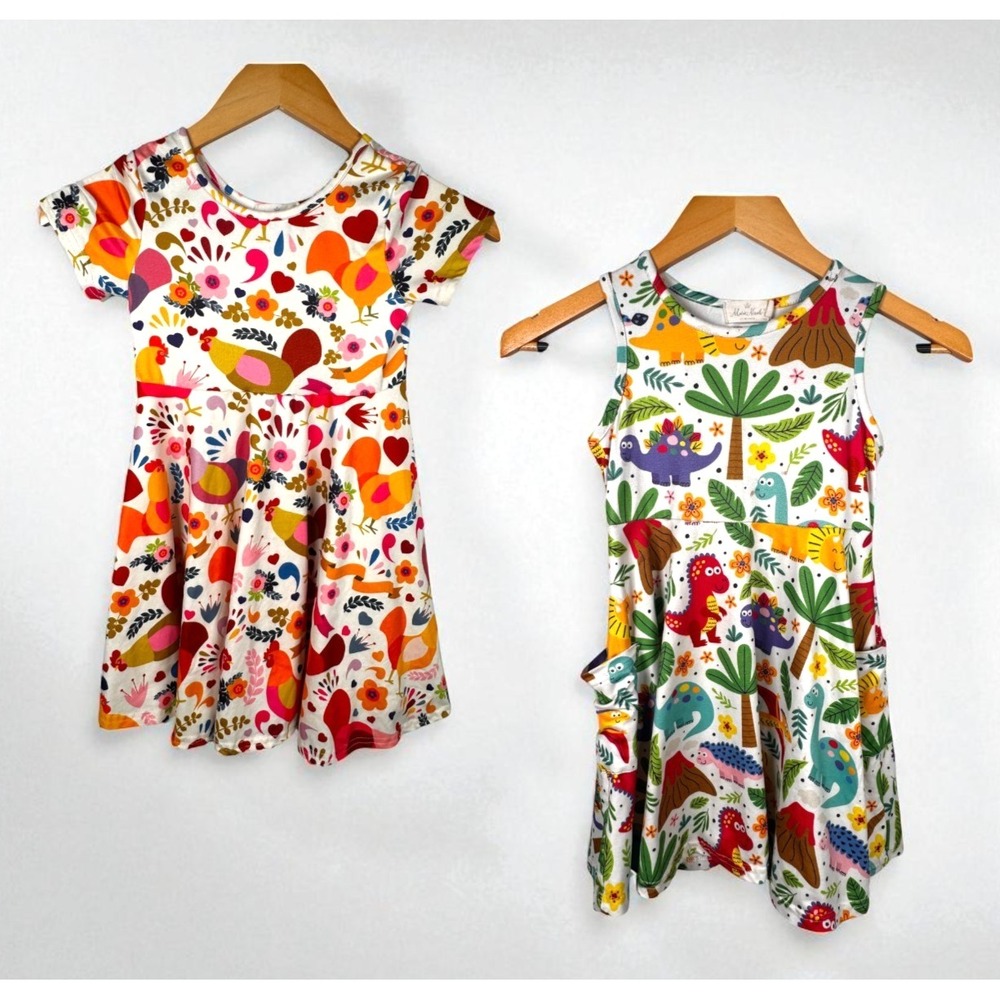 Marie Nicole Girls Dress Lot of 2 Sz Lg/4 Spring Summer Multicolor‎ Rooster Dino